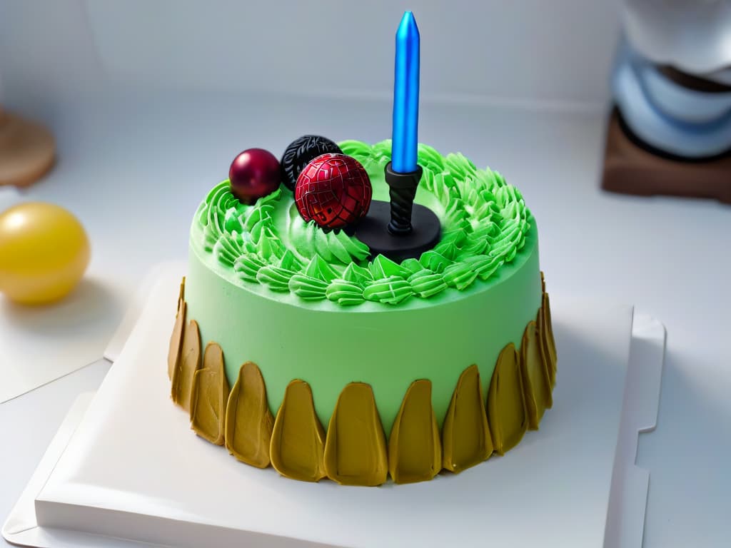  In the image, a skilled baker wearing a Jedi robe is meticulously decorating a cake shaped like a lightsaber. The baker's focused expression and precise movements convey a sense of mastery and artistry. The background features a kitchen filled with Star Warsthemed baking tools and ingredients, adding to the immersive and inspirational atmosphere of the scene. The photorealistic details capture the glint of sugar crystals, the vibrant colors of frosting, and the intricate design of the lightsaber cake, making viewers feel like they can almost taste the sweet, Jediinspired creation. hyperrealistic, full body, detailed clothing, highly detailed, cinematic lighting, stunningly beautiful, intricate, sharp focus, f/1. 8, 85mm, (centered image composition), (professionally color graded), ((bright soft diffused light)), volumetric fog, trending on instagram, trending on tumblr, HDR 4K, 8K