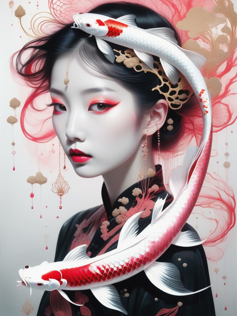  photo RAW, (Black, dark red and neon pink : Portrait of 2 ghostly long tailed white koi, woman, shiny aura, highly detailed, gold and coral filigree, intricate motifs, organic tracery, Januz Miralles, Hikari Shimoda, glowing stardust by W. Zelmer, perfect composition, smooth, sharp focus, sparkling particles, lively coral reef background Realistic, realism, hd, 35mm photograph, 8k), masterpiece, award winning photography, natural light, perfect composition, high detail, hyper realistic hyperrealistic, full body, detailed clothing, highly detailed, cinematic lighting, stunningly beautiful, intricate, sharp focus, f/1. 8, 85mm, (centered image composition), (professionally color graded), ((bright soft diffused light)), volumetric fog, trending on instagram, trending on tumblr, HDR 4K, 8K