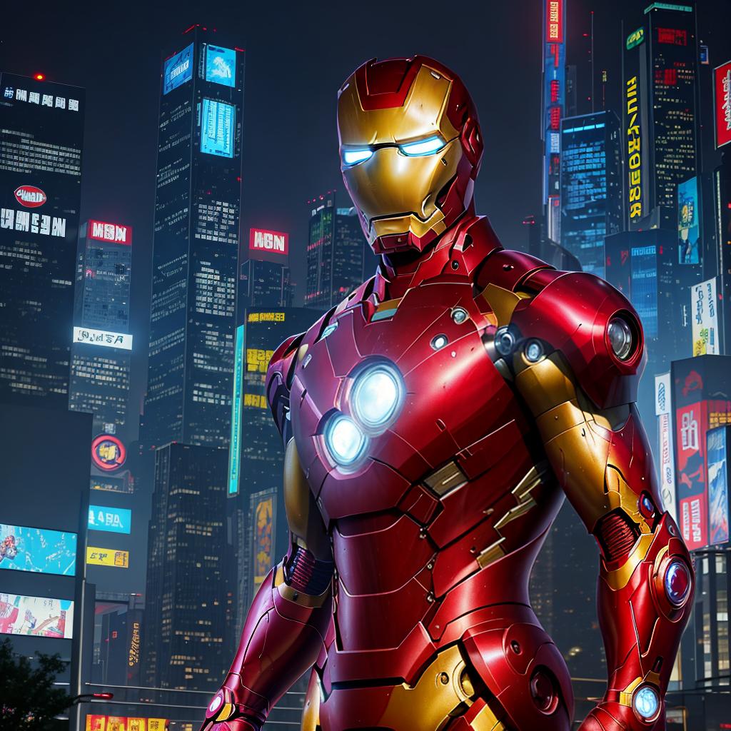  masterpiece, best quality, masterpiece, 8k resolution, realistic, highly detailed, Iron Man close-up. He stands on a street lined with tall buildings in a cyberpunk style city at night. The city's night lights are bright, and the surrounding buildings and streets are full of cyberpunk elements such as neon lights, high-tech equipment and futuristic architectural design.