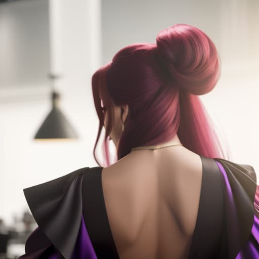  A girl with long purple hair from behind, wearing a red dress, and the background is a photography studio hyperrealistic, full body, detailed clothing, highly detailed, cinematic lighting, stunningly beautiful, intricate, sharp focus, f/1. 8, 85mm, (centered image composition), (professionally color graded), ((bright soft diffused light)), volumetric fog, trending on instagram, trending on tumblr, HDR 4K, 8K