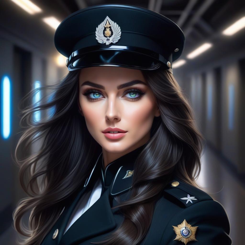  Realistically, a delicate eigh yea , in a black military uniform, with nut long hair, gray green eyes, a in a BLACK RUNS THROUGH A LIT CORRIDOR, clear focus, bright sharp eyes, well rendered details, bright, lively eyes, a beautiful portrait ilration, portrait in fantasy style, blue and white sparkles, bright colors, bright eyes, creative art, intricate design, highly detailed, clear focus, 8k, high resolution, elegant. hyperrealistic, full body, detailed clothing, highly detailed, cinematic lighting, stunningly beautiful, intricate, sharp focus, f/1. 8, 85mm, (centered image composition), (professionally color graded), ((bright soft diffused light)), volumetric fog, trending on instagram, trending on tumblr, HDR 4K, 8K