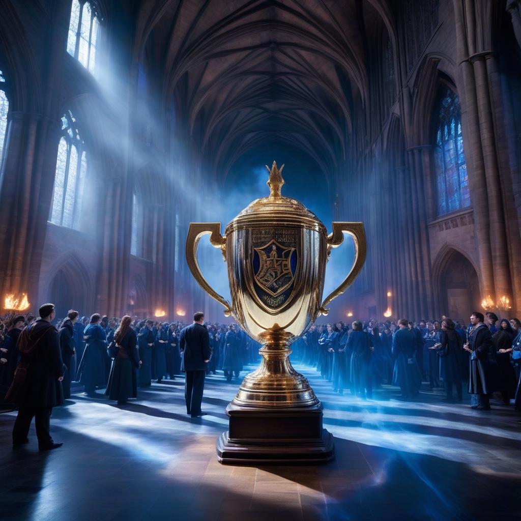  A huge hall with students stands a large trophy cup of Hogwarts in the middle. Blue flames emerge from the cup. Highly detailed. Blue violet colors. hyperrealistic, full body, detailed clothing, highly detailed, cinematic lighting, stunningly beautiful, intricate, sharp focus, f/1. 8, 85mm, (centered image composition), (professionally color graded), ((bright soft diffused light)), volumetric fog, trending on instagram, trending on tumblr, HDR 4K, 8K