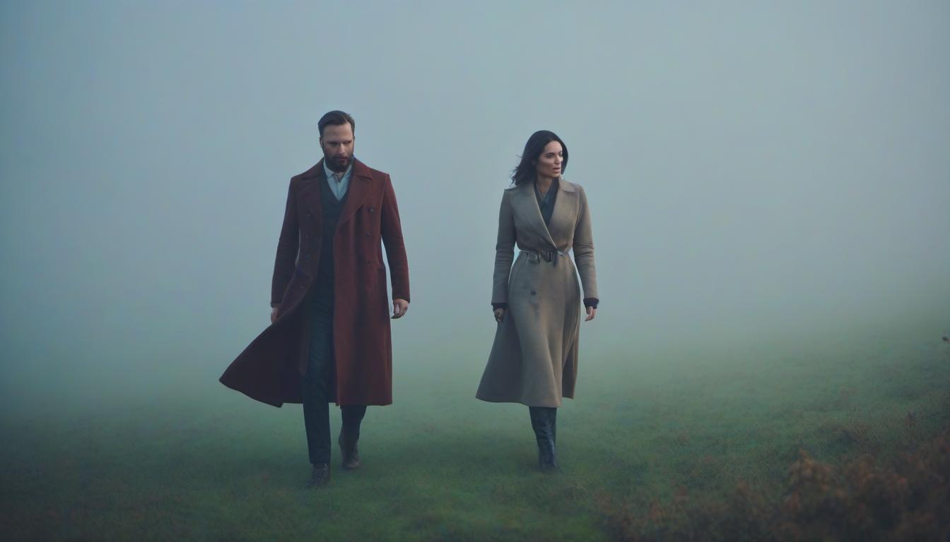  A man and a woman in the fog in the field in their everyday clothing hyperrealistic, full body, detailed clothing, highly detailed, cinematic lighting, stunningly beautiful, intricate, sharp focus, f/1. 8, 85mm, (centered image composition), (professionally color graded), ((bright soft diffused light)), volumetric fog, trending on instagram, trending on tumblr, HDR 4K, 8K