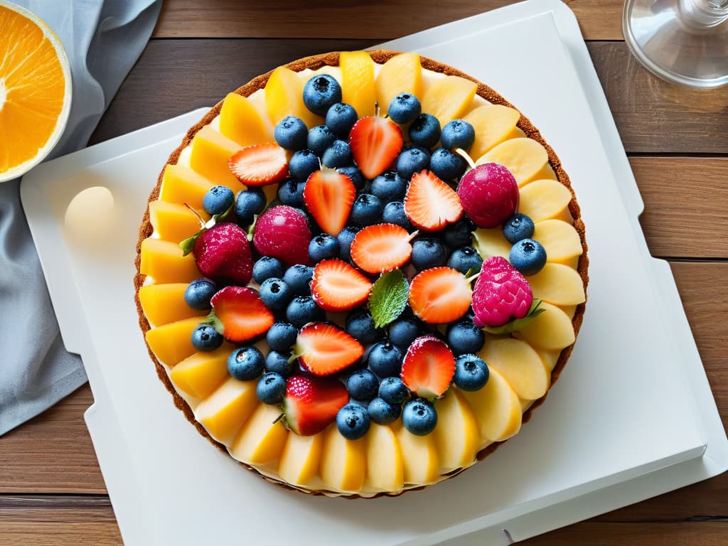  An elegant and minimalistic image of a beautifully decorated fruit tart, showcasing vibrant berries arranged in a symmetrical pattern on top of a goldenbrown crust. The fruit glistens enticingly under a light glaze, set against a pristine white backdrop that enhances the colors and textures of the dessert. This visually striking image conveys a sense of sophistication and indulgence while emphasizing the use of fresh, healthy ingredients in creating delicious and visually appealing treats. hyperrealistic, full body, detailed clothing, highly detailed, cinematic lighting, stunningly beautiful, intricate, sharp focus, f/1. 8, 85mm, (centered image composition), (professionally color graded), ((bright soft diffused light)), volumetric fog, trending on instagram, trending on tumblr, HDR 4K, 8K