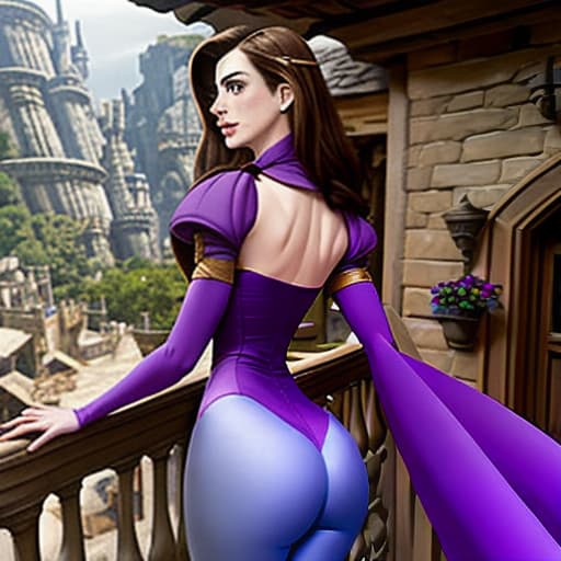  Anne Hathaway as a Fantasy Disney-like in bodytight costume,skinny purple short showing from behind while over balcony of her palace in Middle Earth kingdom