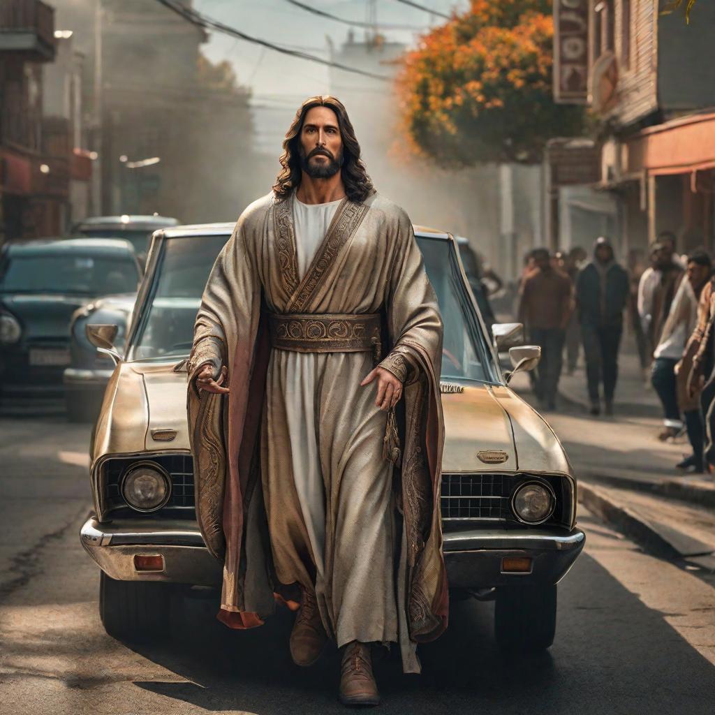  Jesus el camino hyperrealistic, full body, detailed clothing, highly detailed, cinematic lighting, stunningly beautiful, intricate, sharp focus, f/1. 8, 85mm, (centered image composition), (professionally color graded), ((bright soft diffused light)), volumetric fog, trending on instagram, trending on tumblr, HDR 4K, 8K