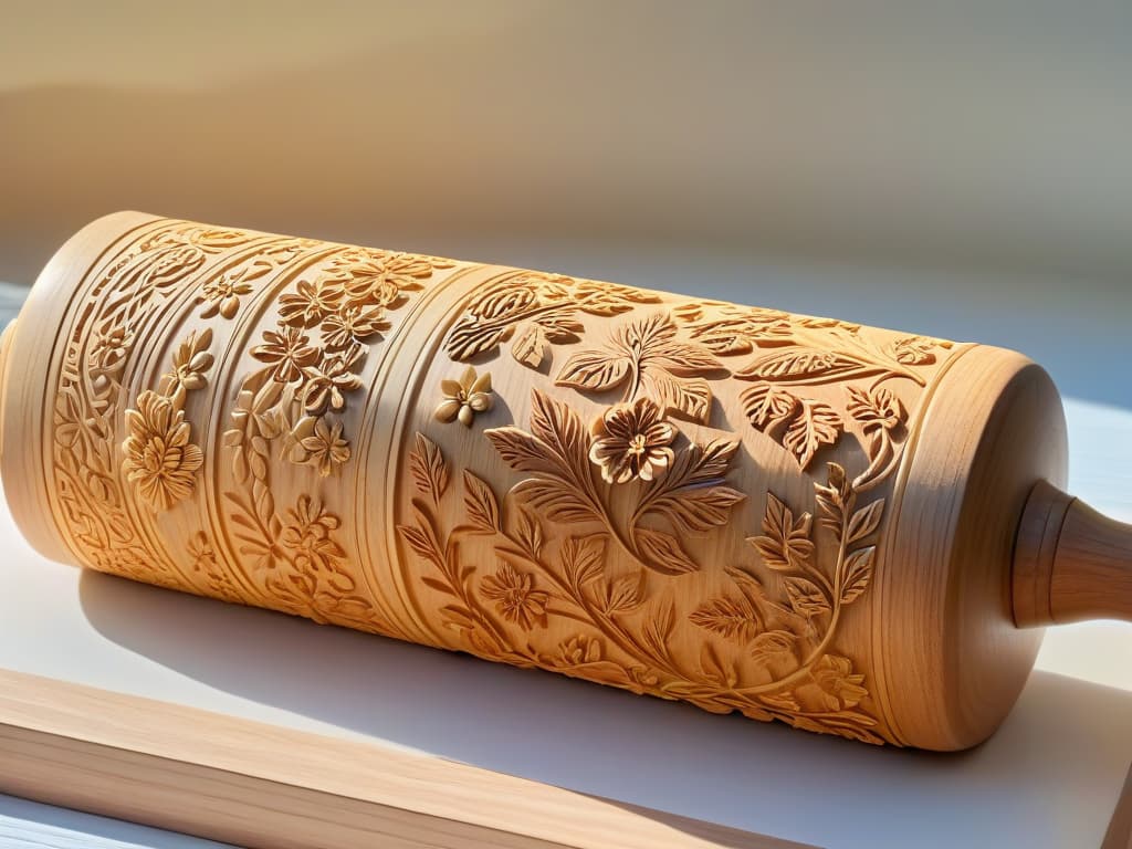  An ultradetailed closeup image of a beautifully patterned rolling pin, showcasing intricate designs of flowers and leaves carved into the wood, with soft lighting illuminating the texture and details of the patterns. hyperrealistic, full body, detailed clothing, highly detailed, cinematic lighting, stunningly beautiful, intricate, sharp focus, f/1. 8, 85mm, (centered image composition), (professionally color graded), ((bright soft diffused light)), volumetric fog, trending on instagram, trending on tumblr, HDR 4K, 8K