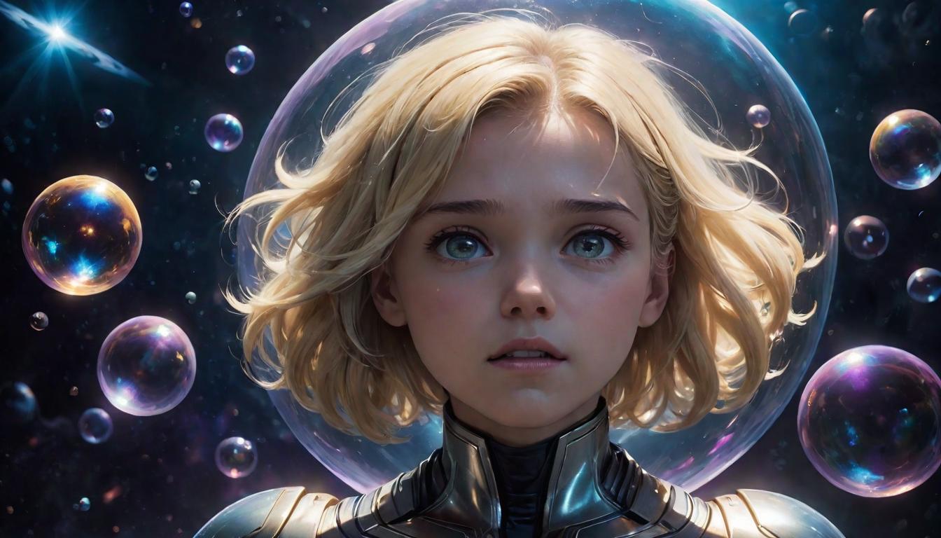  1girl, large busted attractive blonde arian female humanoid, caught in a bubble of light, reflecting multiple faces of joy, anger, sadness, hands pressed against the bubble, in space with distant galaxies as background, high tech clothing clad in sleek, futuristic costume with metallic accents and form fitting designs, marvel superhero comics style, unreal engine rendering