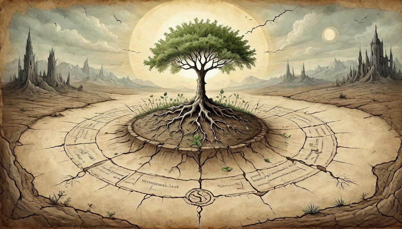  on parchment, surrealism+++, Seeds sprouting from cracked earth, reaching towards the sun, new growth from old foundations, expectation of nourishment, revitalization, hope and change(mysterious, provocative, symbolic,muted color)+++