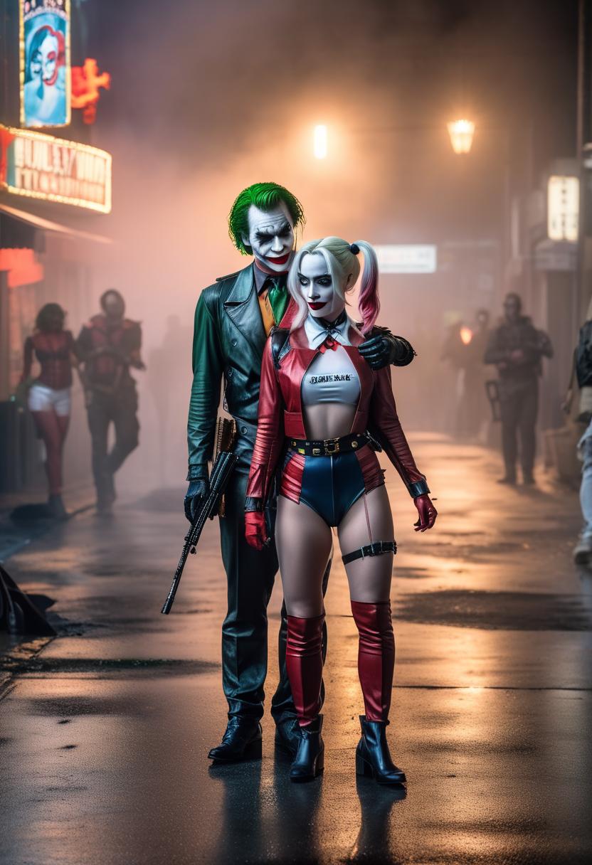  cinematic photo Joker and Harley Quinn, armed, " Squad (2016 film)" style, negative film . 35mm photograph, film, bokeh, professional, 4k, highly detailed hyperrealistic, full body, detailed clothing, highly detailed, cinematic lighting, stunningly beautiful, intricate, sharp focus, f/1. 8, 85mm, (centered image composition), (professionally color graded), ((bright soft diffused light)), volumetric fog, trending on instagram, trending on tumblr, HDR 4K, 8K