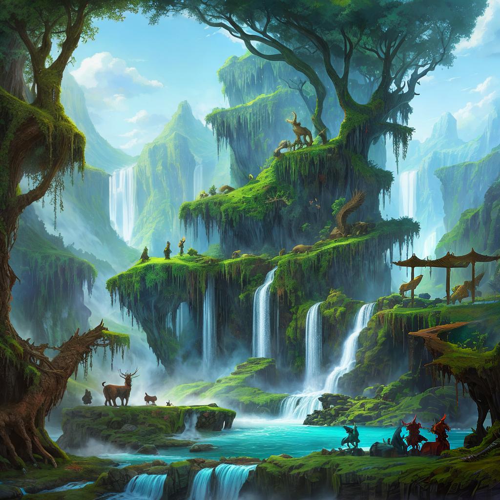  in a fantasy setting, Paint a surreal landscape where mythical beasts roam amidst cascading waterfalls.