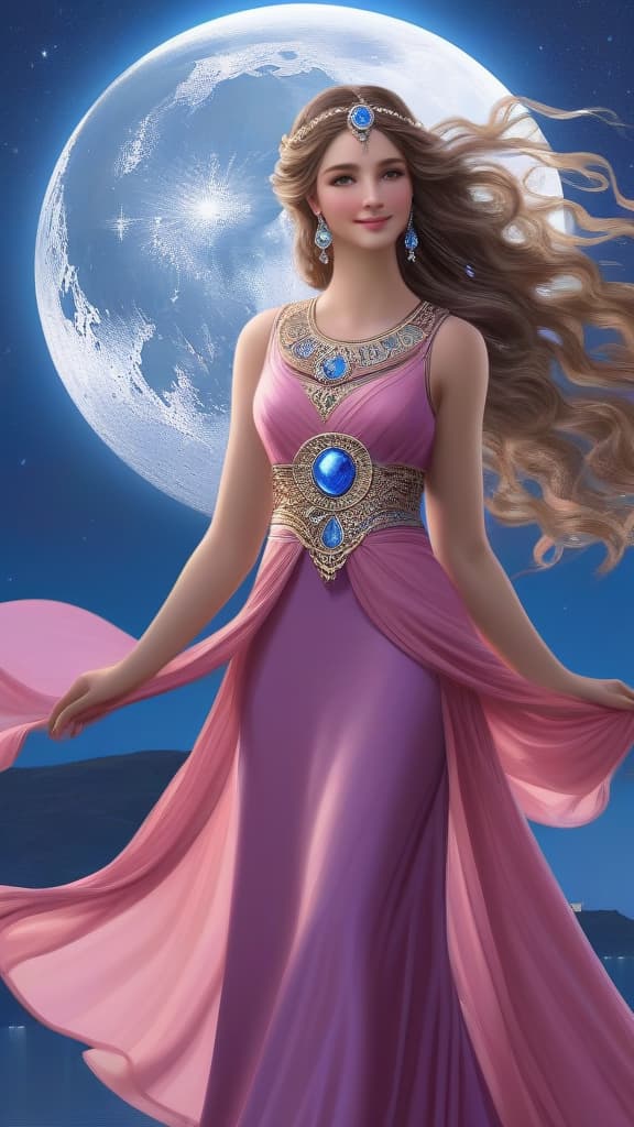  1girl, ((greek goddess of beauty)), (((fantasy))), blue moon, looking hot, (wearing beautiful pink dress), fairer skin, long hair, wavy hair, smile, smile,, natural, jewelry, extremely detailed 8K wallpaper, straight-on, standing, masterpieces, top quality, best quality, official art, beautiful and aesthetic, realistic, 4K, 8K