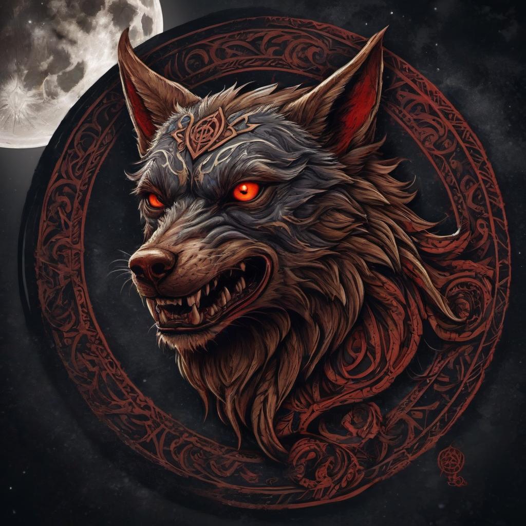  tribal style Logo, detailed Fenrir from Scandinavian mythology with pentagram on forehead on background of full moon, 4K, horrors, cruelty, blood. . indigenous, ethnic, traditional patterns, bold, natural colors, highly detailed