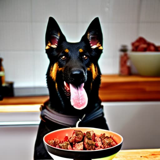  the dog stands in front of a bowl of meat. The dog is German Shepherd stands near a bowl of meat. There is beef chicken in a bowl. The dog is happy. The dog is happy