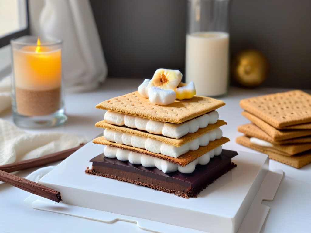  A cozy, minimalistic kitchen setting with a sleek marble countertop adorned with all the ingredients needed to make homemade s'mores – a stack of graham crackers, a bowl of fluffy marshmallows, a bar of rich chocolate, a small plate of goldenbrown roasted marshmallows, and a set of roasting sticks laid out neatly. The soft natural light filtering through a nearby window highlights the textures and colors of the ingredients, creating a warm and inviting atmosphere perfect for recreating the campfire classic at home. hyperrealistic, full body, detailed clothing, highly detailed, cinematic lighting, stunningly beautiful, intricate, sharp focus, f/1. 8, 85mm, (centered image composition), (professionally color graded), ((bright soft diffused light)), volumetric fog, trending on instagram, trending on tumblr, HDR 4K, 8K