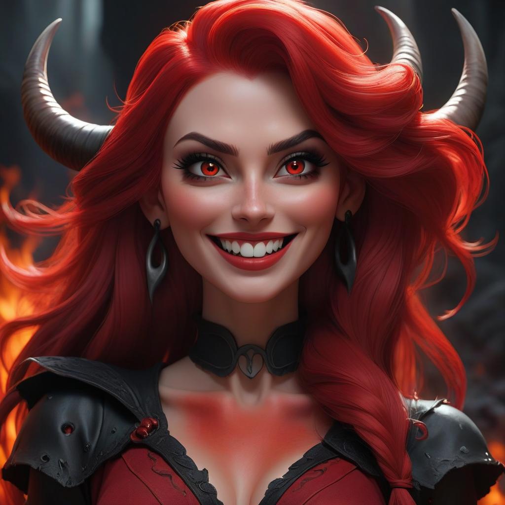  concept art A girl demon with red hair smiles. Her face is peaceful. Her black horns, black eyes, and red clothing stand out against a dark background of hell. . digital artwork, illustrative, painterly, matte painting, highly detailed hyperrealistic, full body, detailed clothing, highly detailed, cinematic lighting, stunningly beautiful, intricate, sharp focus, f/1. 8, 85mm, (centered image composition), (professionally color graded), ((bright soft diffused light)), volumetric fog, trending on instagram, trending on tumblr, HDR 4K, 8K