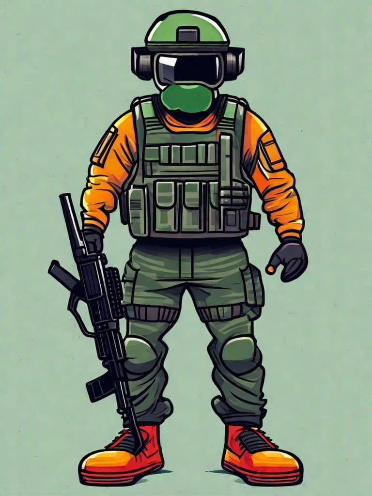  Masterpiece, best quality, draw two Q funny cartoon soldiers against the background to be transparent Costume items: Each character wears the appropriate CS costume, wears a helmet, and holds a gun. The gun points at each other, and sweat on the head. Picture details: Add some elements of CS gunfight games to the picture, such as maps, bull 's-eye, bullets, etc. At the same time, you can use the light and shade of colors to express the tense atmosphere of battle.