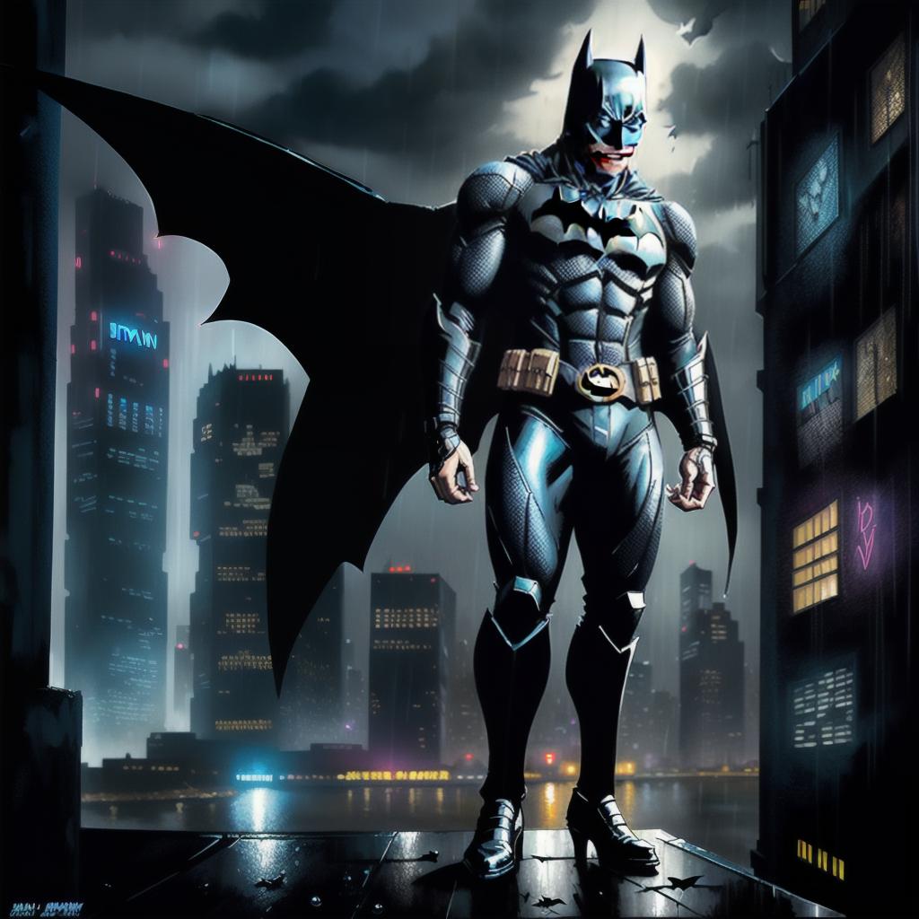  full body batman in a city background. Comic book style, highly detailed, sharp details, award winning, raining, oil painting, cyberpunk, concept art