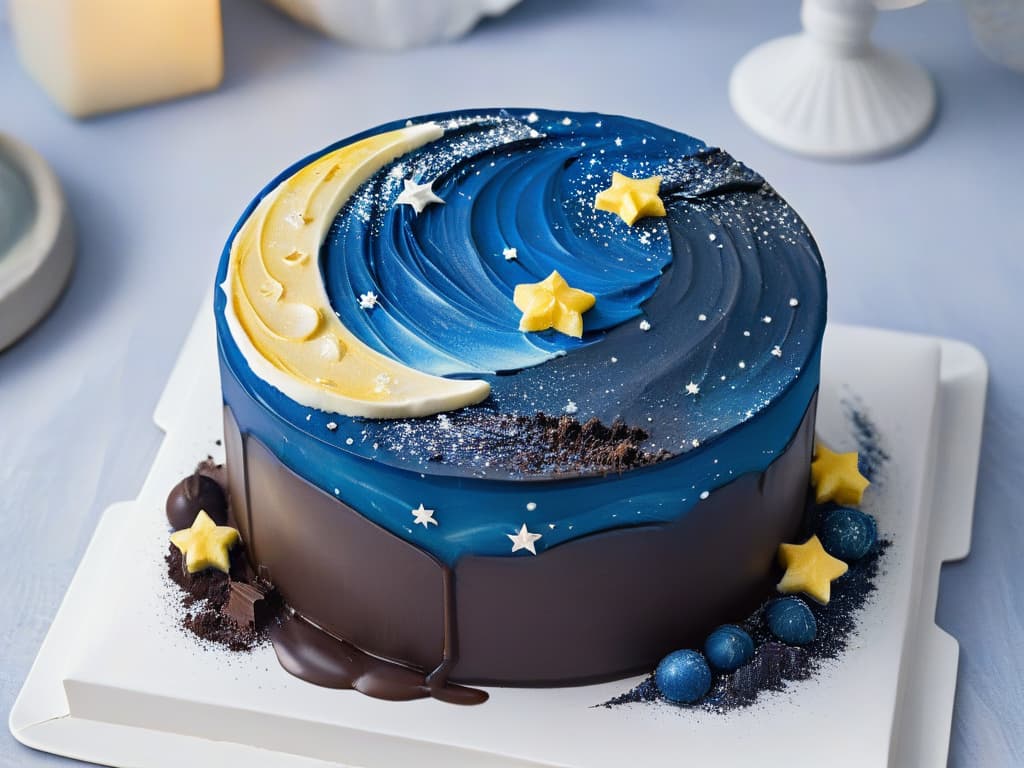  A minimalist yet detailed image of "The Starry Night" by Vincent van Gogh reimagined as a decadent dessert. The dessert features a dark chocolate ganache base representing the night sky swirling with vibrant blue and yellow accents made of edible glitter, symbolizing the iconic stars and moon in the painting. The dessert is elegantly presented on a sleek, white plate with a delicate dusting of powdered sugar resembling a starry night sky. hyperrealistic, full body, detailed clothing, highly detailed, cinematic lighting, stunningly beautiful, intricate, sharp focus, f/1. 8, 85mm, (centered image composition), (professionally color graded), ((bright soft diffused light)), volumetric fog, trending on instagram, trending on tumblr, HDR 4K, 8K