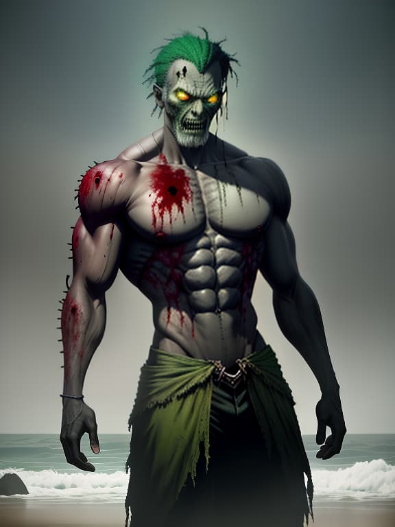  Zombie man in a beach theme, the color of his skin is green, his eyes are round and yellow, a ripped shirt., dark , creepy , blood , monsters , by Jason Engle , Carlos Huante , Charlie Bowater , Simon Lee , Brom hyperrealistic, full body, detailed clothing, highly detailed, cinematic lighting, stunningly beautiful, intricate, sharp focus, f/1. 8, 85mm, (centered image composition), (professionally color graded), ((bright soft diffused light)), volumetric fog, trending on instagram, trending on tumblr, HDR 4K, 8K