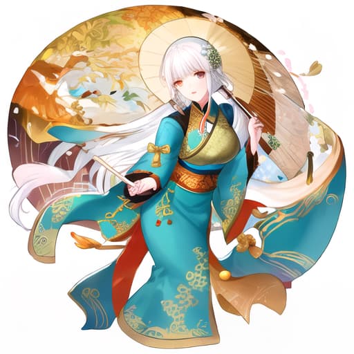  Bamboo flute, ancient style, beauty, Han costume, playing, white hair, oilpaper umbrella, flute,