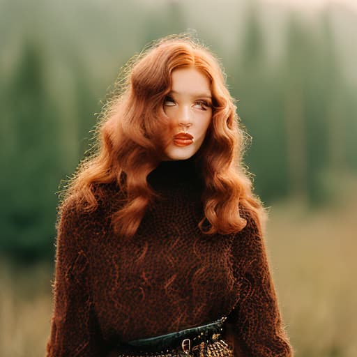 analog style young girl, redhead with long hair and brown eyes
