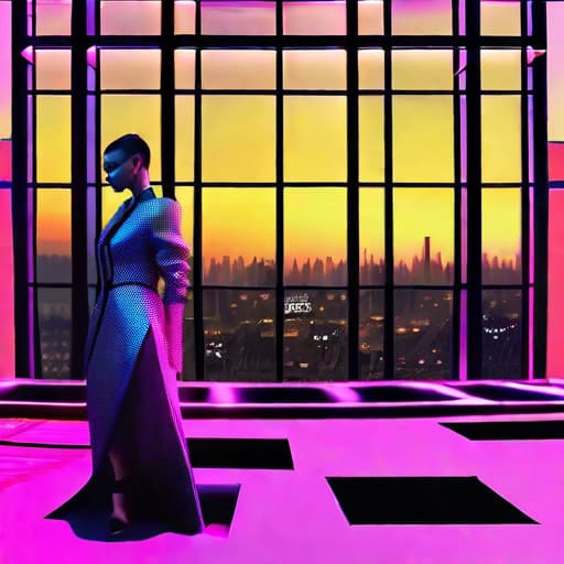  a glamorous digital magazine photoshoot, a fashionable model wearing avant garde clothing, set in a futuristic cyberpunk roof top environment, with a neon lit city background, intricate high fashion details, backlit by vibrant city glow, Vogue fashion photography