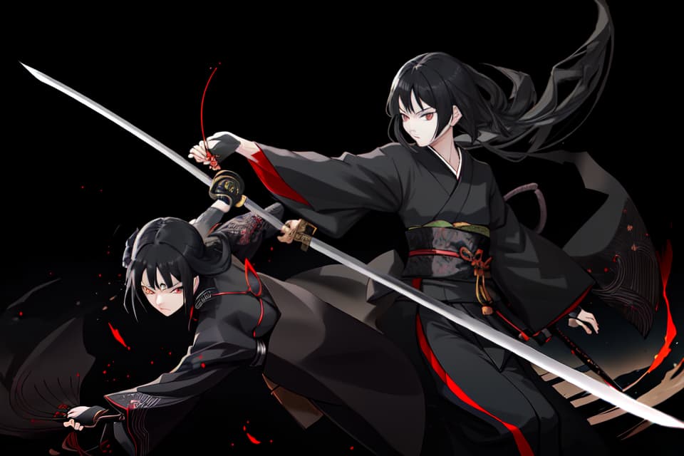  One, one , black kimono, black hair, black eyes, Japanese swords, long swords, hips, hold a sword, night, moon, serious expression, cooling face , Glowing eyes, small s, slender, imminent, running, cutting, riding, sprinting, stepping in, dust, wind, slashing