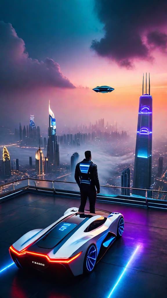  A futuristic city skyline glowing with neon lights and flying cars. hyperrealistic, full body, detailed clothing, highly detailed, cinematic lighting, stunningly beautiful, intricate, sharp focus, f/1. 8, 85mm, (centered image composition), (professionally color graded), ((bright soft diffused light)), volumetric fog, trending on instagram, trending on tumblr, HDR 4K, 8K