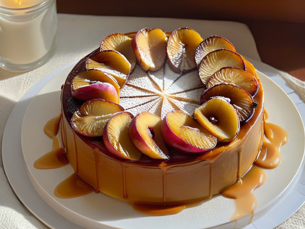  An ultradetailed closeup image of perfectly caramelized pear slices arranged in a circular pattern on a goldenbrown, buttery pastry base. The pears glisten with a rich caramel glaze, highlighting the intricate details of their texture and the glossy sheen of the caramel. The pastry base appears flaky and golden, providing a stunning contrast to the caramelized pears. The image exudes a sense of warmth and decadence, inviting viewers to indulge in the visual beauty of this delectable Tarta Tatin de pera. hyperrealistic, full body, detailed clothing, highly detailed, cinematic lighting, stunningly beautiful, intricate, sharp focus, f/1. 8, 85mm, (centered image composition), (professionally color graded), ((bright soft diffused light)), volumetric fog, trending on instagram, trending on tumblr, HDR 4K, 8K