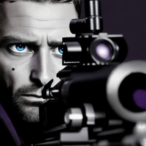  sniper rifle BMG 50 calibre, man, one eye watch in optic ocular, glass lins violet, reading for the shot, serious face, film noir, shining metal details sniper rifle, beautiful wallpaper