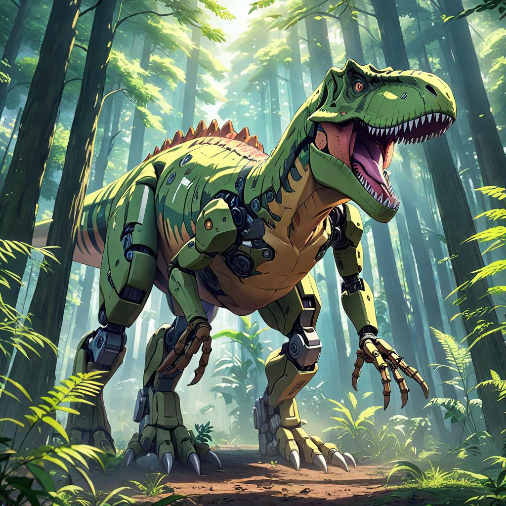  anime style artwork, (masterpiece:1.1), (highest quality:1.1), robotic t rex on forest, anime style, key visual, vibrant, studio anime, highly detailed