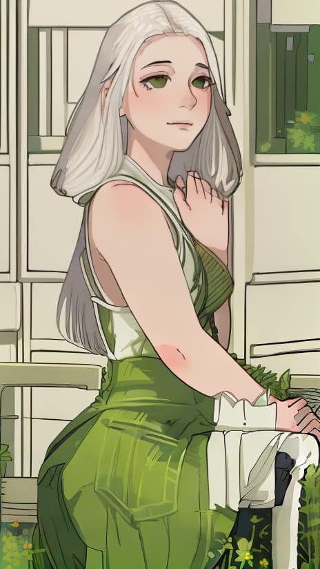 (masterpiece, best quality),1girl with long white hair sitting in a field of green plants and flowers, her hand under her chin, warm lighting, white dress, blurry foreground 