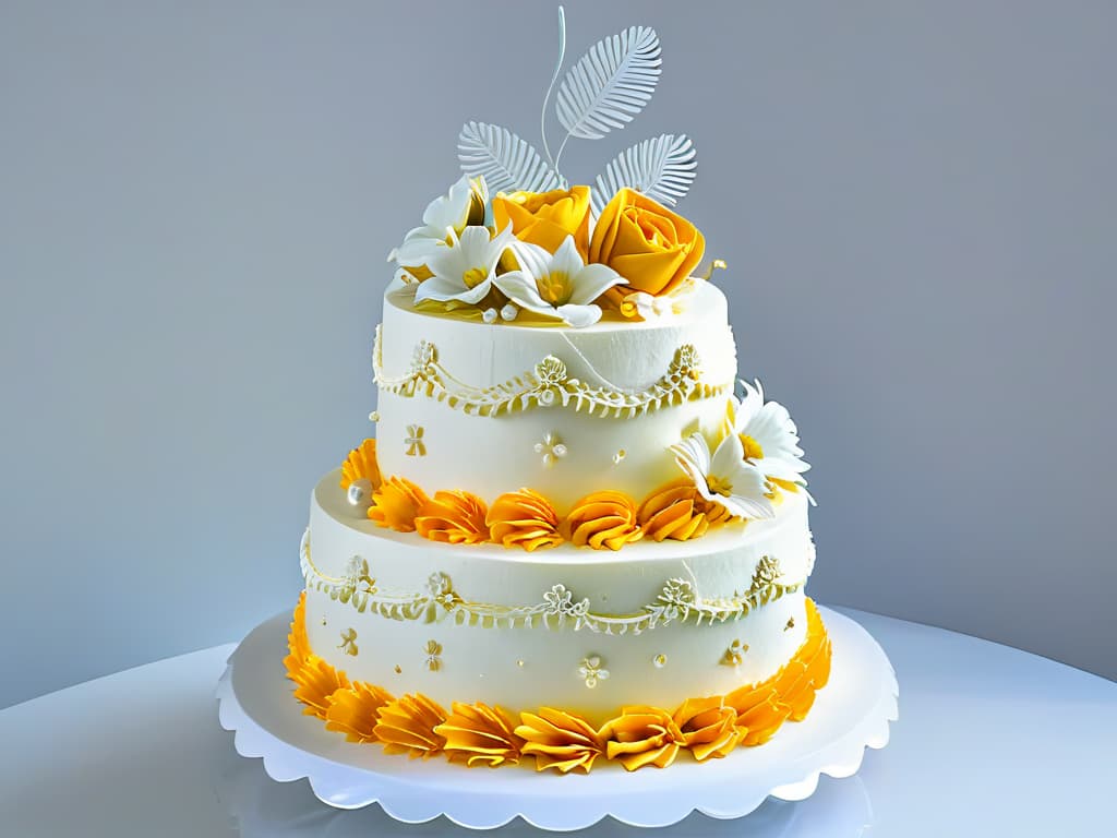  A closeup, ultradetailed image of a multitiered cake decorated with intricate floral designs and delicate sugar sculptures. The cake is displayed on a pristine white cake stand, with soft, natural light highlighting every exquisite detail, showcasing the artistry and skill involved in creating a showstopping confection for a baking competition. hyperrealistic, full body, detailed clothing, highly detailed, cinematic lighting, stunningly beautiful, intricate, sharp focus, f/1. 8, 85mm, (centered image composition), (professionally color graded), ((bright soft diffused light)), volumetric fog, trending on instagram, trending on tumblr, HDR 4K, 8K