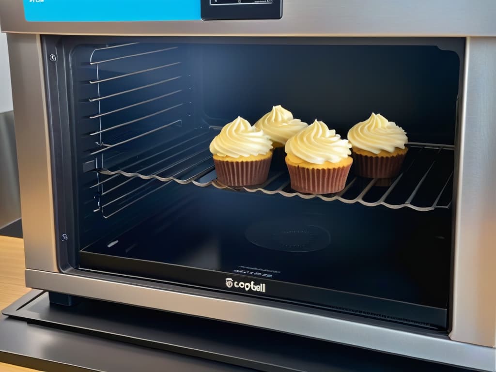  An ultradetailed, minimalist image of a sleek, modern convection oven with a digital display showcasing various baking settings and a large, transparent oven door revealing a perfectly golden batch of cupcakes inside. The image is captured with such precision that every reflection and detail on the oven's surface is crystal clear, highlighting the precision and advanced technology of the appliance. hyperrealistic, full body, detailed clothing, highly detailed, cinematic lighting, stunningly beautiful, intricate, sharp focus, f/1. 8, 85mm, (centered image composition), (professionally color graded), ((bright soft diffused light)), volumetric fog, trending on instagram, trending on tumblr, HDR 4K, 8K