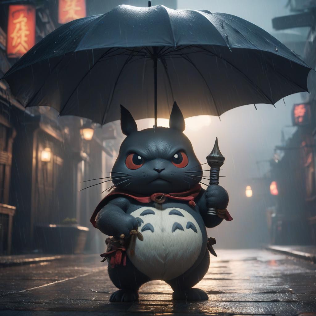  Street Fighter style evil dark totoro chibi with umbrella . vibrant, dynamic, arcade, 2D fighting game, highly detailed, reminiscent of Street Fighter series hyperrealistic, full body, detailed clothing, highly detailed, cinematic lighting, stunningly beautiful, intricate, sharp focus, f/1. 8, 85mm, (centered image composition), (professionally color graded), ((bright soft diffused light)), volumetric fog, trending on instagram, trending on tumblr, HDR 4K, 8K