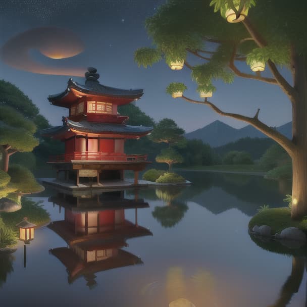  masterpiece, best quality, (Fidelity: 1.4), Best Quality, Masterpiece, Ultra High Resolution, 8k resolution, A night view inspired by Japanese art, featuring a garden illuminated by paper lanterns and a wooden bridge spanning a tranquil lake, by the lakeside, there is a small Zen temple. The water reflects the starry sky.