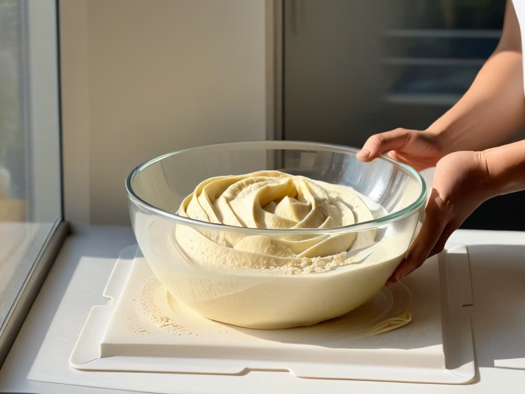  A closeup, ultradetailed image of a hand gently folding dough in a large glass bowl, showcasing the intricate textures and elasticity of the dough. The soft natural light filtering through a nearby window highlights the smooth surface of the dough, capturing the moment of perfect incorporation during the fermentation process. hyperrealistic, full body, detailed clothing, highly detailed, cinematic lighting, stunningly beautiful, intricate, sharp focus, f/1. 8, 85mm, (centered image composition), (professionally color graded), ((bright soft diffused light)), volumetric fog, trending on instagram, trending on tumblr, HDR 4K, 8K