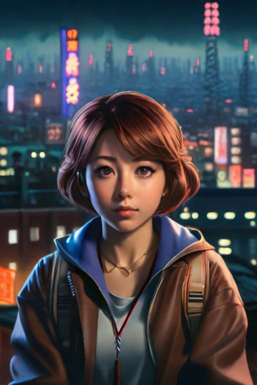  detailed photorealistic portrait of a uraraka ochako, small, brown eyes, short hair, posing for heroic look, dystopian city landscape background by denis villeneuve, amano, yves tanguy, alphonse mucha, ernst haeckel, david lynch, edward robert hughes, roger dean, cyber necklace, rich moody colours, cute, hyper detail, full HD hyperrealistic, full body, detailed clothing, highly detailed, cinematic lighting, stunningly beautiful, intricate, sharp focus, f/1. 8, 85mm, (centered image composition), (professionally color graded), ((bright soft diffused light)), volumetric fog, trending on instagram, trending on tumblr, HDR 4K, 8K
