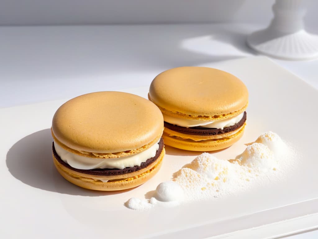  An ultradetailed closeup image of a perfectly baked, goldenbrown macaron shell with a smooth, glossy surface, delicately textured feet, and a light dusting of powdered sugar on top, set against a clean, white backdrop to highlight its flawless form and elegant simplicity. hyperrealistic, full body, detailed clothing, highly detailed, cinematic lighting, stunningly beautiful, intricate, sharp focus, f/1. 8, 85mm, (centered image composition), (professionally color graded), ((bright soft diffused light)), volumetric fog, trending on instagram, trending on tumblr, HDR 4K, 8K