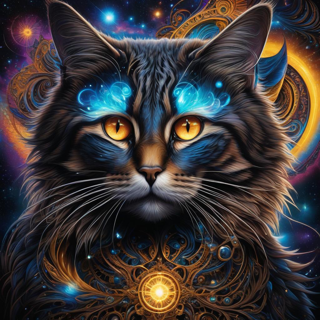  (psychedelic art, highly detailed, fantasy art:1.3), mesmerizing cat's , intense glowing eyes with swirling colors, stunning blend of black, blue, and yellow hues, intricate patterns and designs, cosmic background with galaxies and stars, ethereal and mystical atmosphere, otherworldly beauty, intricate celestial patterns, cosmic energy radiating from the eyes, mesmerizing and captivating gaze, transcendent and surreal, vibrant and dynamic composition, close up shot capturing every intricate detail. hyperrealistic, full body, detailed clothing, highly detailed, cinematic lighting, stunningly beautiful, intricate, sharp focus, f/1. 8, 85mm, (centered image composition), (professionally color graded), ((bright soft diffused light)), volumetric fog, trending on instagram, trending on tumblr, HDR 4K, 8K