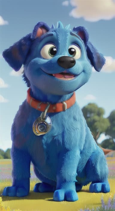  {A happy, big blue dog wagging its tail in a colorful meadow, The big blue dog is large with sky blue fur, big round eyes, a black nose, and floppy ears.