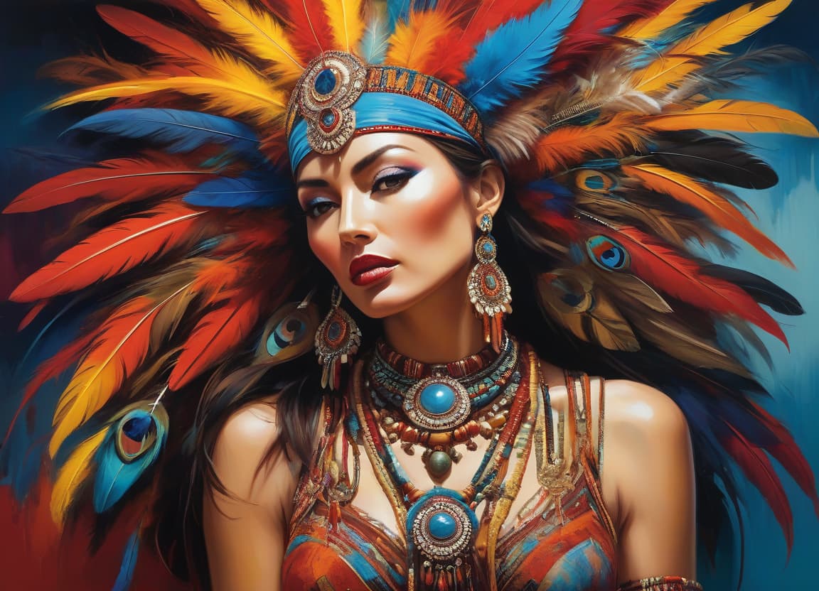  abstract expressionist painting An artistic, vibrant image of a woman adorned with elaborate jewelry and feathers, showcasing intricate designs and rich colors. . energetic brushwork, bold colors, abstract forms, expressive, emotional hyperrealistic, full body, detailed clothing, highly detailed, cinematic lighting, stunningly beautiful, intricate, sharp focus, f/1. 8, 85mm, (centered image composition), (professionally color graded), ((bright soft diffused light)), volumetric fog, trending on instagram, trending on tumblr, HDR 4K, 8K