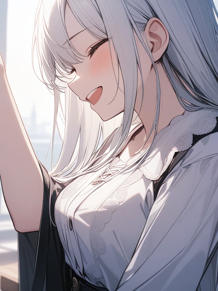  White hair, white clothes, black skirts, long hair, girls, cute, ribbon, laughing, solo, cute clothes, masterpiece, best quality,8k,ultra detailed,high resolution,an extremely delicate and beautiful,hyper detail