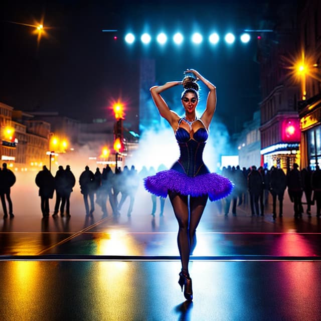  Photos, portraits, dancing, charity, next to the street, mid -view hyperrealistic, full body, detailed clothing, highly detailed, cinematic lighting, stunningly beautiful, intricate, sharp focus, f/1. 8, 85mm, (centered image composition), (professionally color graded), ((bright soft diffused light)), volumetric fog, trending on instagram, trending on tumblr, HDR 4K, 8K