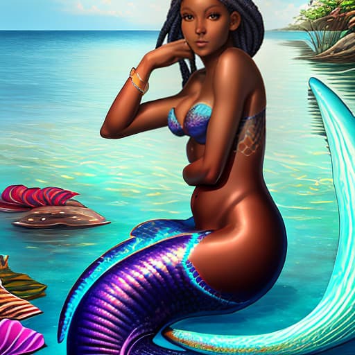  Create a image of a Airbrushed Hyperrealistic Glossy Beautiful African American dark-skinned Female Mermaid