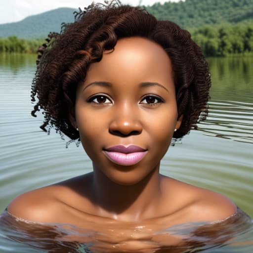  african woman's face with short curly hair sinking in the lake