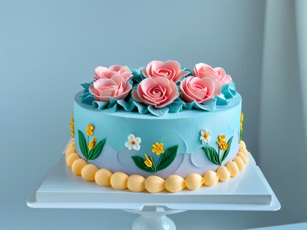  A highresolution, minimalist image of a beautifully decorated multitiered cake with intricate floral piping details in pastel colors, displayed on a simple, elegant white cake stand against a soft, blurred background. hyperrealistic, full body, detailed clothing, highly detailed, cinematic lighting, stunningly beautiful, intricate, sharp focus, f/1. 8, 85mm, (centered image composition), (professionally color graded), ((bright soft diffused light)), volumetric fog, trending on instagram, trending on tumblr, HDR 4K, 8K