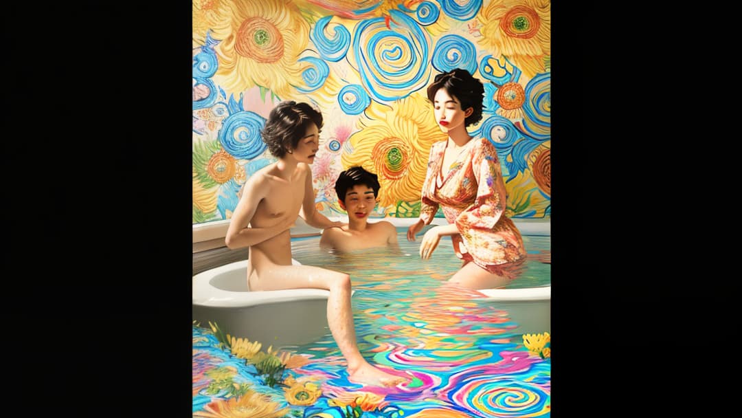  , mom and two boys taking a bath,colorful swirls with flowers around the body, surreal style, digital art in the style of Vincent van Gogh, detailed illustration with intricate patterns and textures, soft lighting, high resolution quality.,hyper realistic, knee shot, 4k, hasselblad 1600f hyperrealistic, full body, detailed clothing, highly detailed, cinematic lighting, stunningly beautiful, intricate, sharp focus, f/1. 8, 85mm, (centered image composition), (professionally color graded), ((bright soft diffused light)), volumetric fog, trending on instagram, trending on tumblr, HDR 4K, 8K