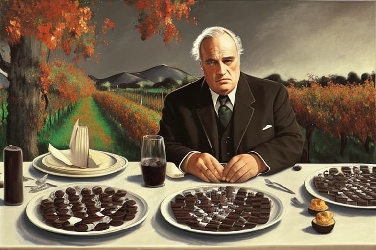  Elderly Marlon Brando the godfather, Don Vito in Italy and a vineyard dressed in modern designer attire. Foreground plates of fine dark chocolates on a table. Background vineyard Painting style of Edgar Degas